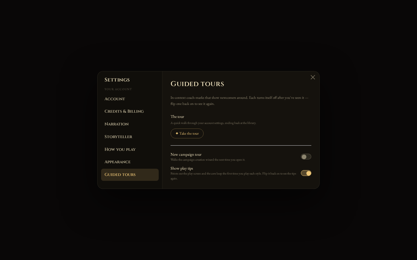 The Guided tours settings